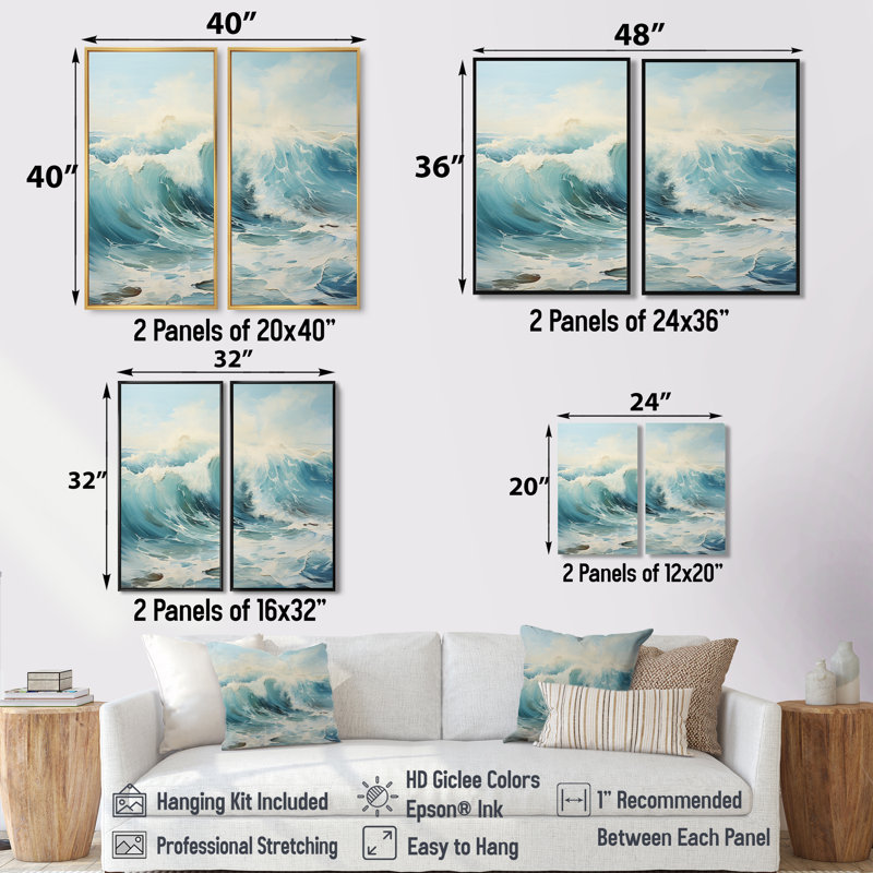 Watercolor Storm Coastal Ocean - Reproduction d'art côtier sur toile, 40" H x 40" W, Framed Wrapped Canvas, Does Not Apply
