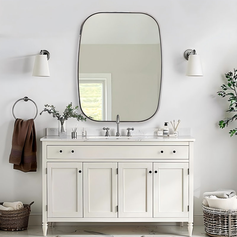 Contemporary Oblong Bathroom Vanity Mirror | Stainless Steel Thick Frame, 36" x 28", Polished Chrome