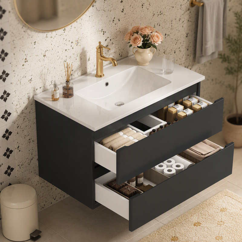 Meuble-lavabo mural 32 po avec lavabo combiné, double tiroir, façades de tiroir arrondies, système de fermeture en douceur, lavabo en céramique, conception sans poignée, bois massif, facile à installer, brun noir