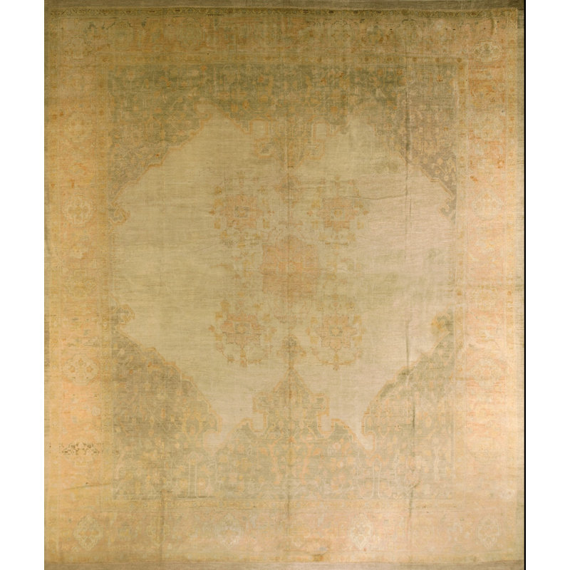 Wool Hand Knotted Pile Ivory Beige Cream White Large Floral Medallion Square Antique 1890s Rug