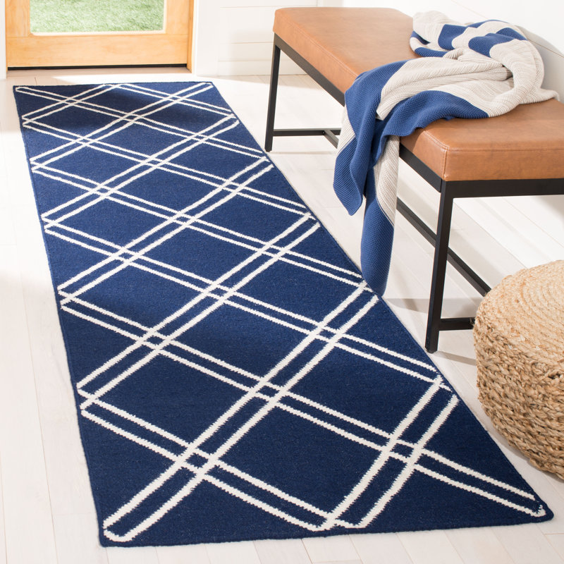 Rodgers Hand Woven Flat Weave Wool/Cotton Geometric Rug in Blue/Ivory, Runner 2'6" x 8'