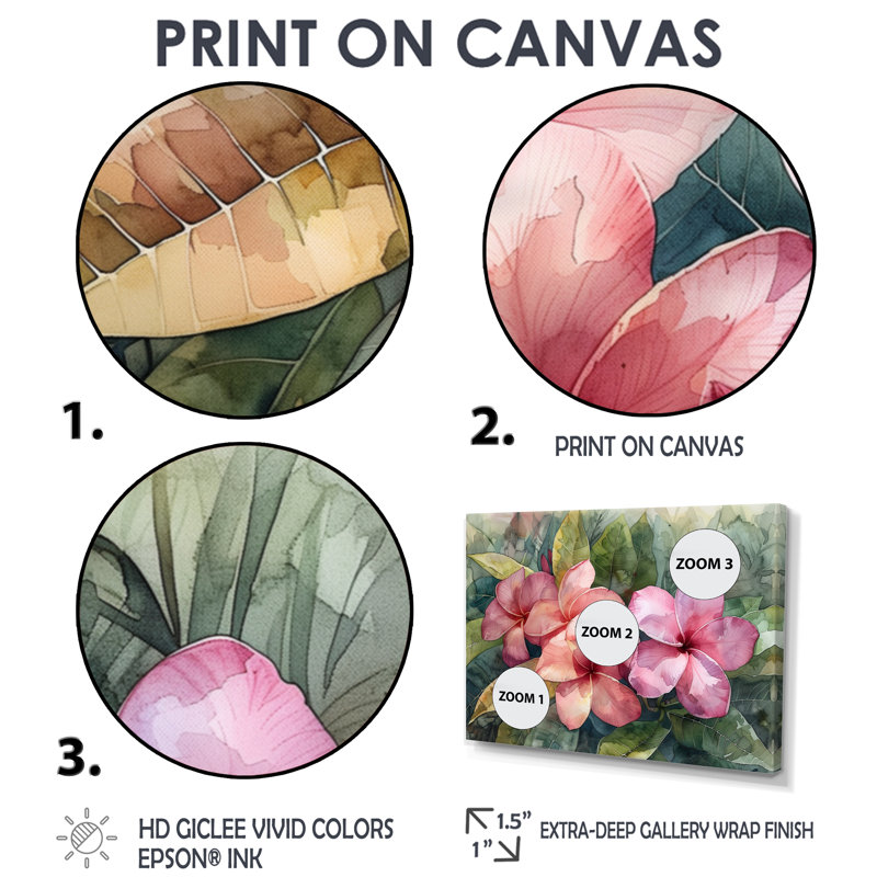 Plumeria rose, rêve tropical III - art mural Plumeria, Toile avec cadre flottant noir, H 28 po x l 60 po x P 1,5 po