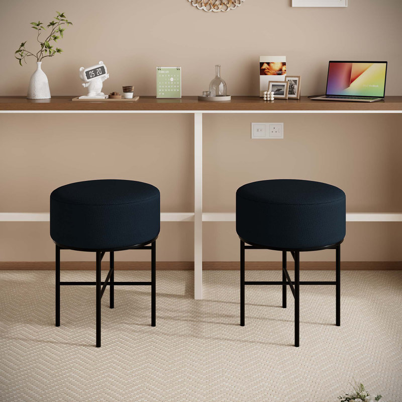 Tabouret de coiffeuse moderne rembourré et rembourré avec pieds en métal (2 pièces), Noir, Noir