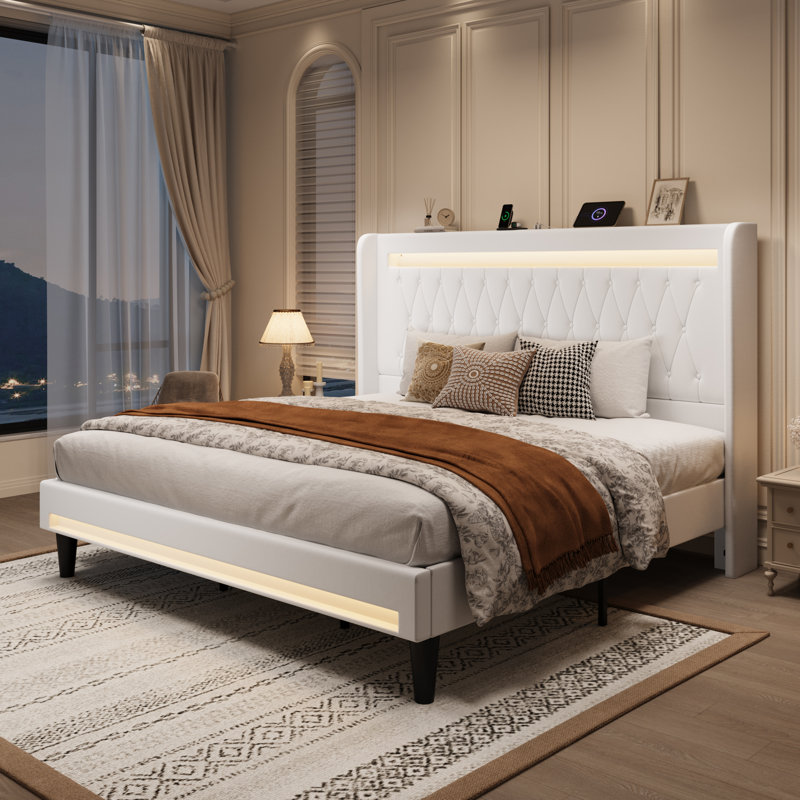Modern Diamond-Tufted Upholstered Bed Frame With RGB LED Lights, USB Charging Ports & Wingback Headboard, White, King