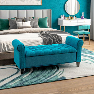 Living Room Storage Bench In Teal Velvet 50" For Room, Bedroom, Entryway. Upholstered With Velvet, Button , Rolled Arms. Wood Legs. Hidden Storage. 264 Lbs Static Weight. Assembly Required