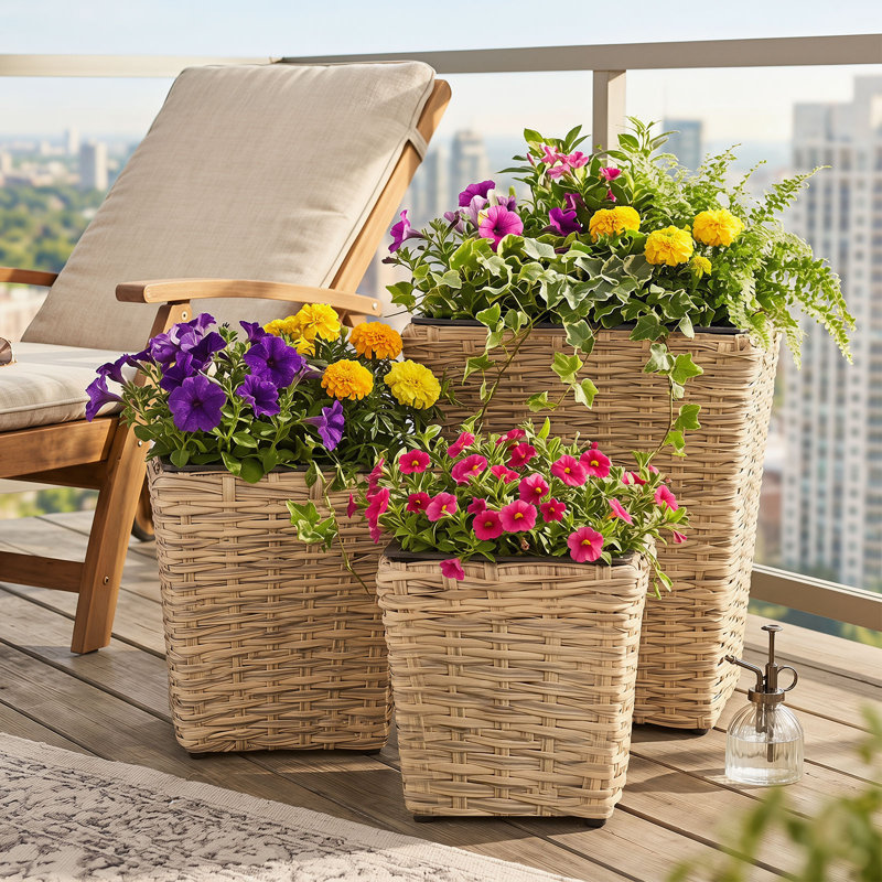 Ensemble de 3 jardinières en rotin avec doublures en plastique amovibles pour plantes d'intérieur et d'extérieur, de couleur naturel et noir.