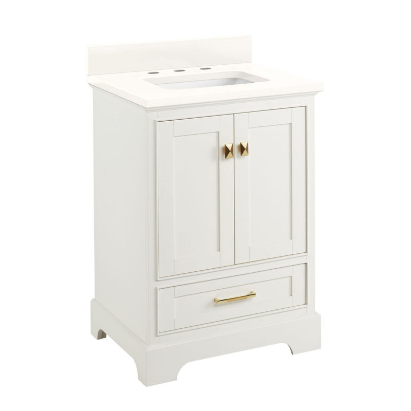 Quen 24" Freestanding Single Basin Vanity Set with Cabinet, Vanity Top, 8" Widespread, Soft White, Arctic White Quartz