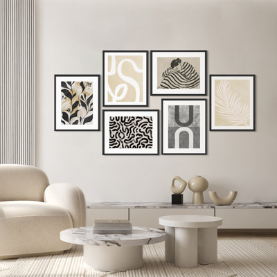 Ensemble de 6 pièces d'art mural abstrait moderne - impressions neutres minimalistes noires et beiges pour un décor de salon ou de bureau contemporain