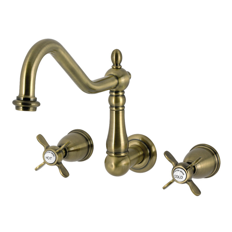 Kingston Brass Bel-Air Double-Handle 3-Hole Wall-Mount Kitchen Faucet, Antique Brass