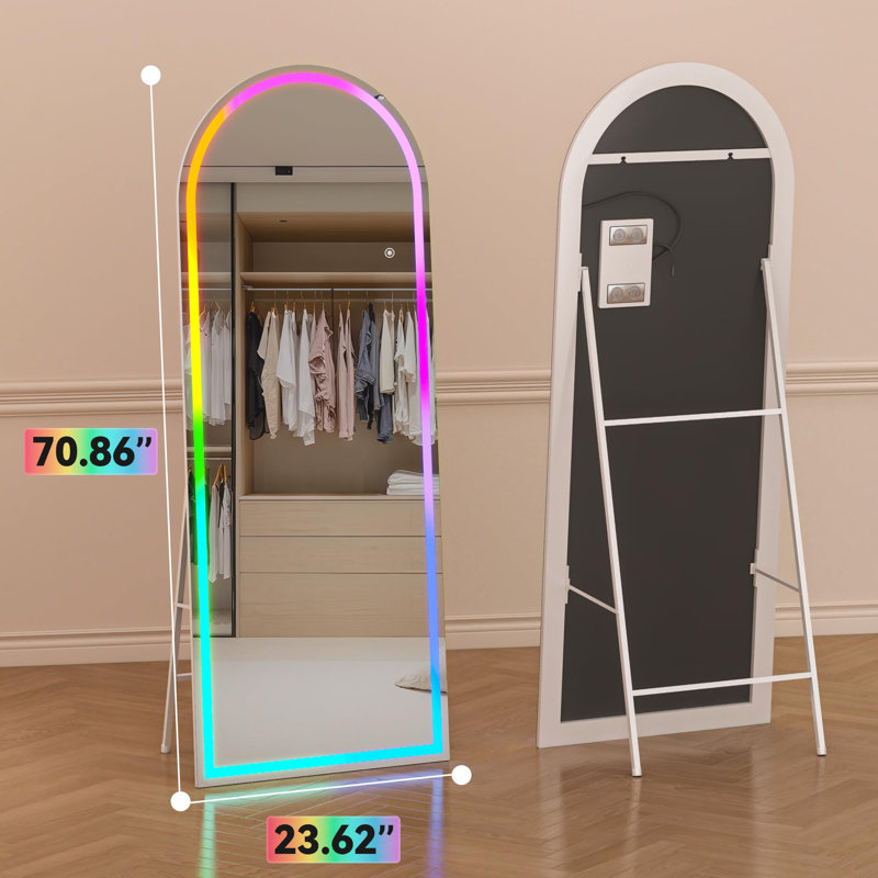 Miroir pleine grandeur arche à DEL RVB Bluetooth avec support, 7 modes d'éclairage couleur, miroir complet avec cadre blanc pour chambre à coucher, salon, vestiaire