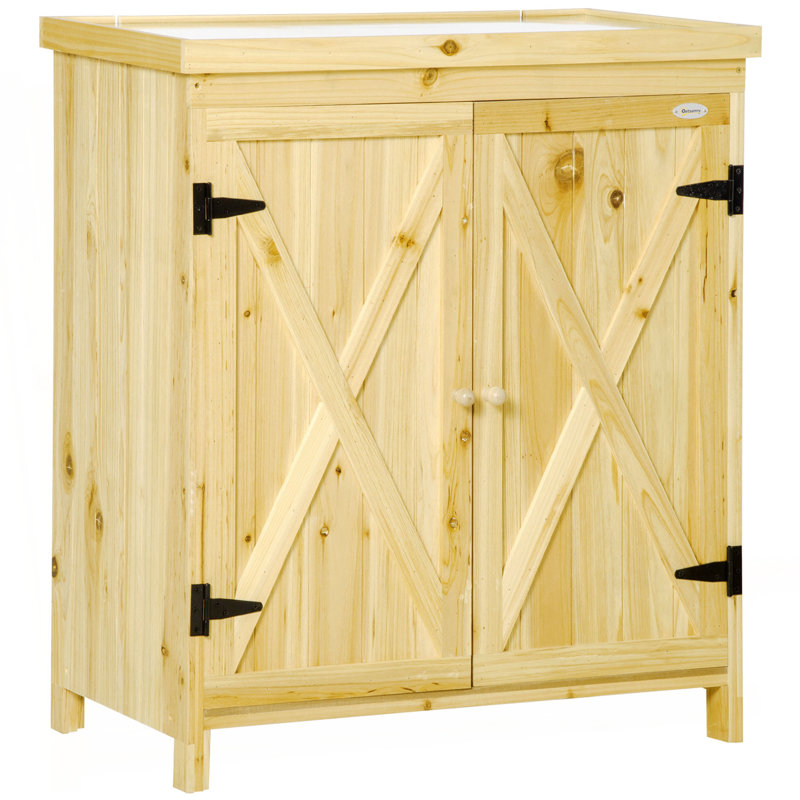 Garden Storage Cabinet, Outdoor Storage Tool Shed With Galvanized Top And Two Shelves For Yard Tools Or Pool Accessories, Natural