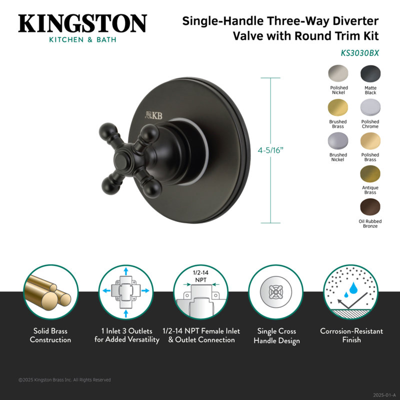 Kingston Brass Single-Handle Wall Mount Three-Way Diverter Valve with Trim Kit, Brushed Brass
