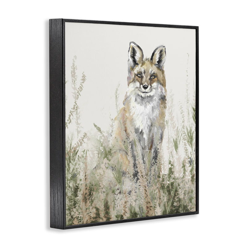 Fox in Meadow Landscape, estampe numérique, design par Patricia Pinto, H 14 po x l 11 po, Giclée encadrée noir minuit