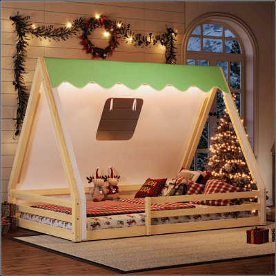 Lit double sur pied avec tente et lumière, tipi en bois massif, garde-corps pleine longueur, style Montessori et enfantin, naturel et vert