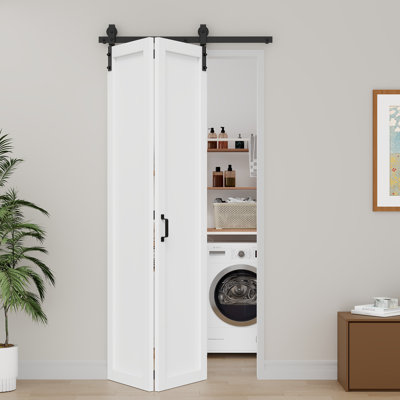 Barn Door 84-In Height White Plank Wood Bifold Sliding Barn Doors with Installation Hardware Kit, Top-mounted Hanger