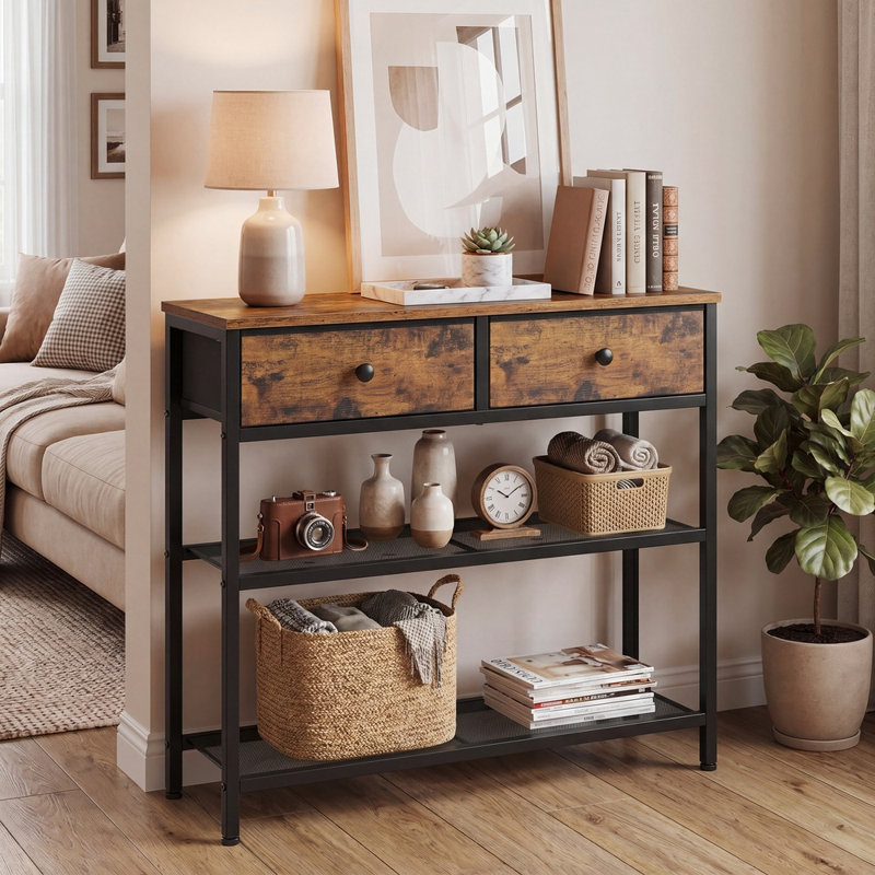 Narrow Console Sofa Table with Two Mesh Storage Shelves