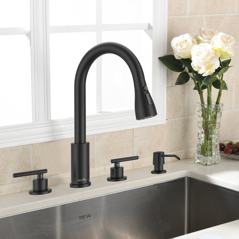 Modern High Arc Double Handle Kitchen Faucet, 4-Hole Kitchen Sink Faucet, Includes Soap Dispenser, Suitable For Kitchen Sink.