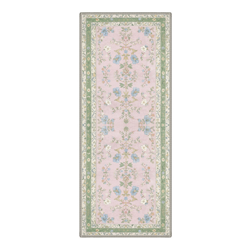 Tapis intérieur rosé / vert / beige Amboy Verdant, lavable à la machine, avec envers antidérapant