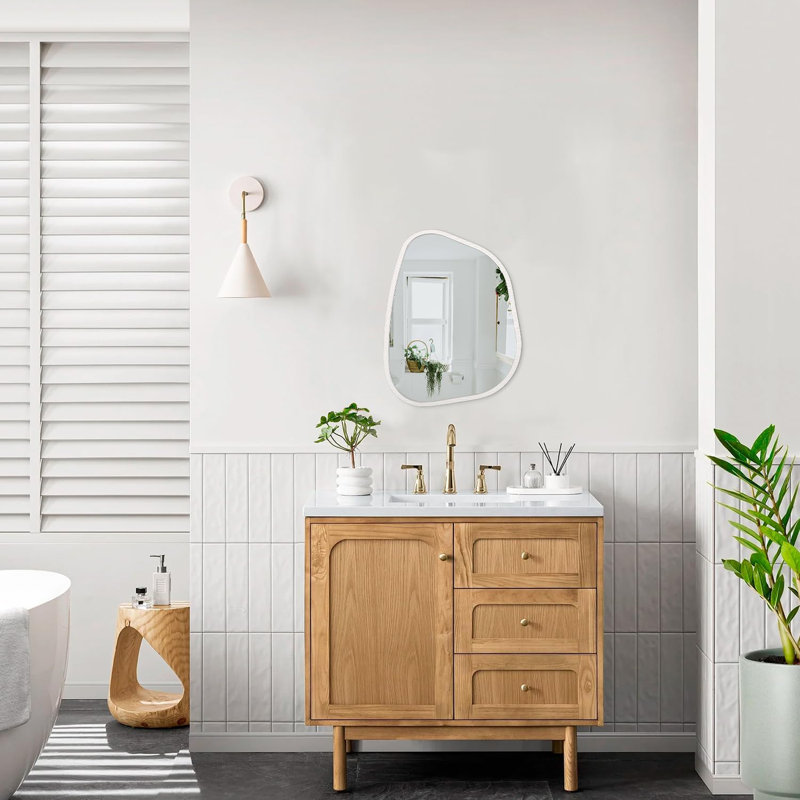 Asymmetrical Wall Mirror Irregular Mirror For Wall ,Wood Frame ,40 X 30CM, Cream
