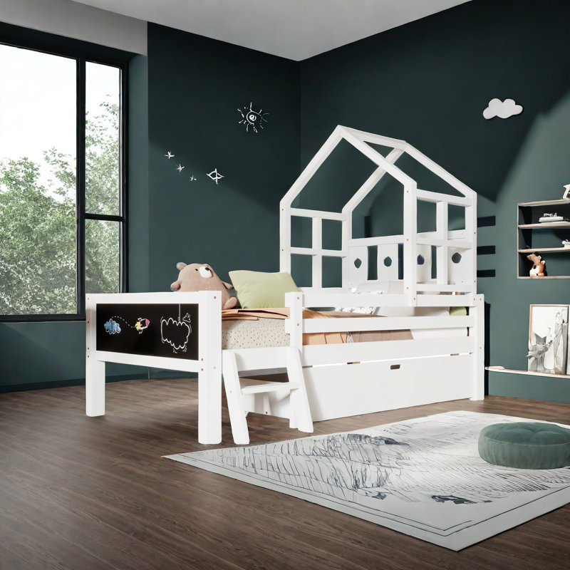 Solid Wood House Standard Bed With Drawers And Guardrail, Twin
