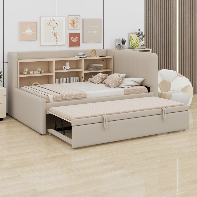Lit de jour rembourré avec lit gigogne, tablettes de rangement, port USB et prise de courant, Beige