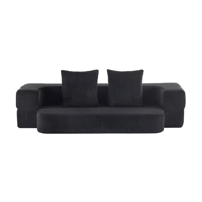 Ebern Designs Transformable Sectional Sofa Supportive Foam Fold-Out Bed, Compact Chenille Lounger for Small Spaces & Home Offices, black
