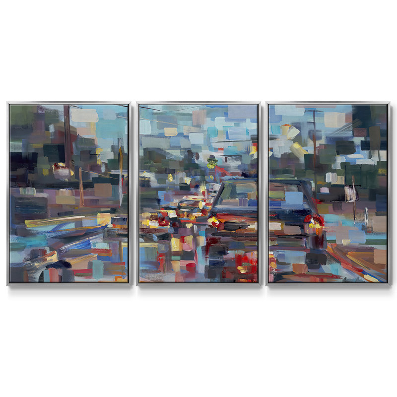 Red circulation encadrée sur toile 3 pièces, H 40 po x l 78 po x P 2 po, Argent