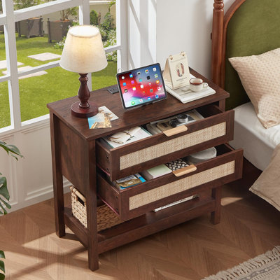 Grande table de chevet en rotin de 31,5 po avec station de chargement, grande table de chevet Boho surdimensionnée avec 2 tiroirs, tables de bout de lit, grande table de chevet pour le salon, couloir