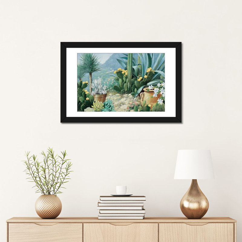«Cactus», reproduction sur toile, H 16 po x l 24 po x P 1 po, Papier beaux-arts encadré noir, Blanc