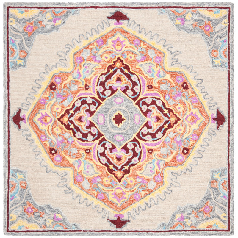 Loar Hand Tufted Wool/Cotton Oriental Rug in Beige/Orange, Square 5'