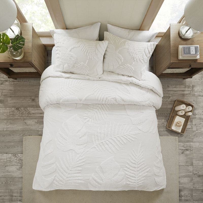 Bahari 3 Piece Tufted Cotton Chenille Palm Comforter Set, King/Cal. King Comforter + 2 Shams