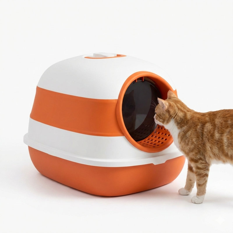 Enclosed waste receptacle for felines.