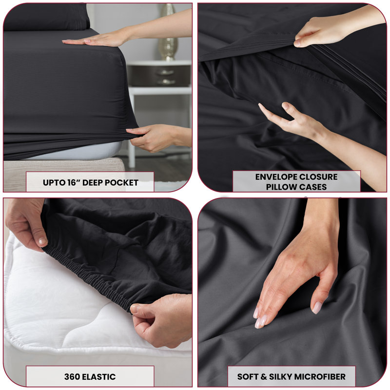 Lux Decor 4-Piece Ultra Soft Microfiber Sheet Set Deep Pocket Fitted Sheet, Wrinkle-Resistant & Easy Care Bedding, Black