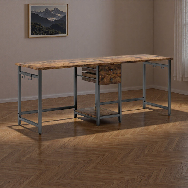 Bureau double, bureau d'ordinateur, bureau à deux places, table de jeu, Brun rustique / noir