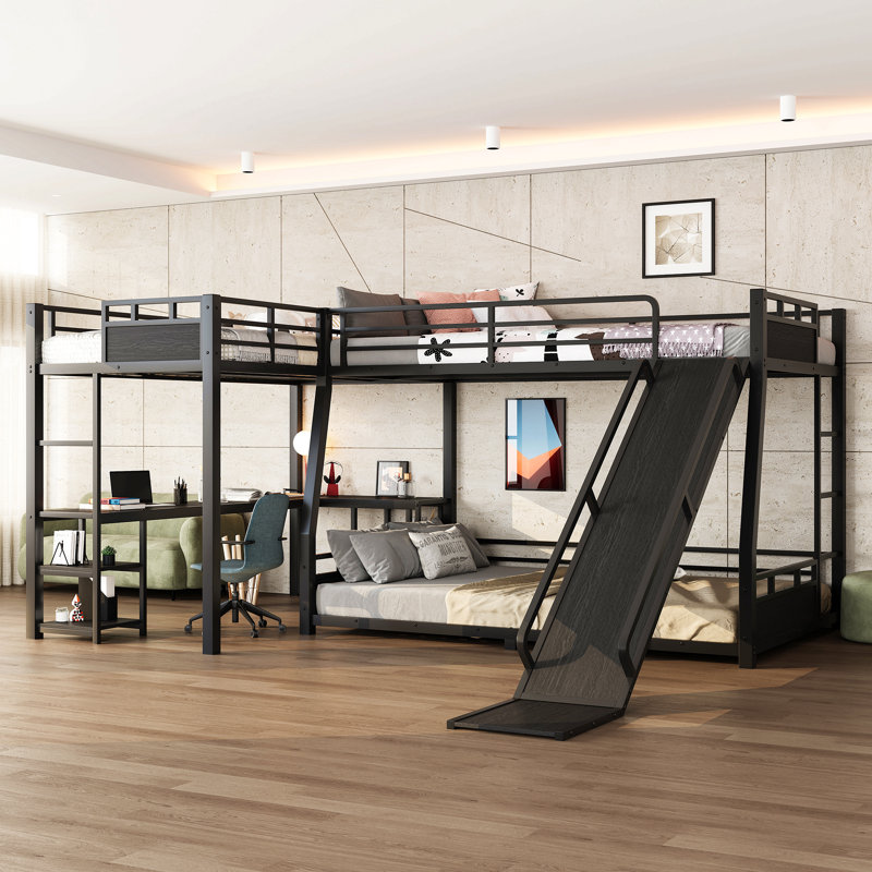 Lit superposé en L en métal avec lit mezzanine simple, bureau et tablettes de rangement