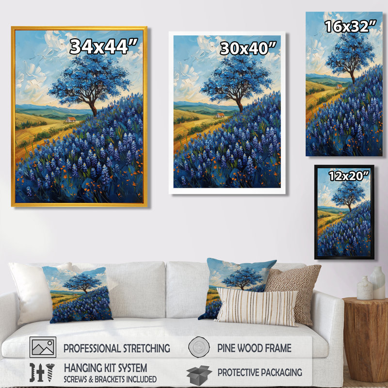 Bleu et vert pré breloque bleu Bonnets IV - Blue Bonnets Wall Art Living Room, Toile tendue, H 20 po x l 12 po x P 1 po
