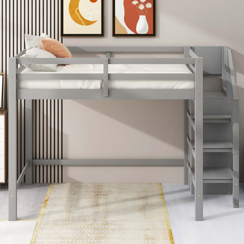Lit mezzanine double avec garde-robe et escalier de rangement intégrés, Gris