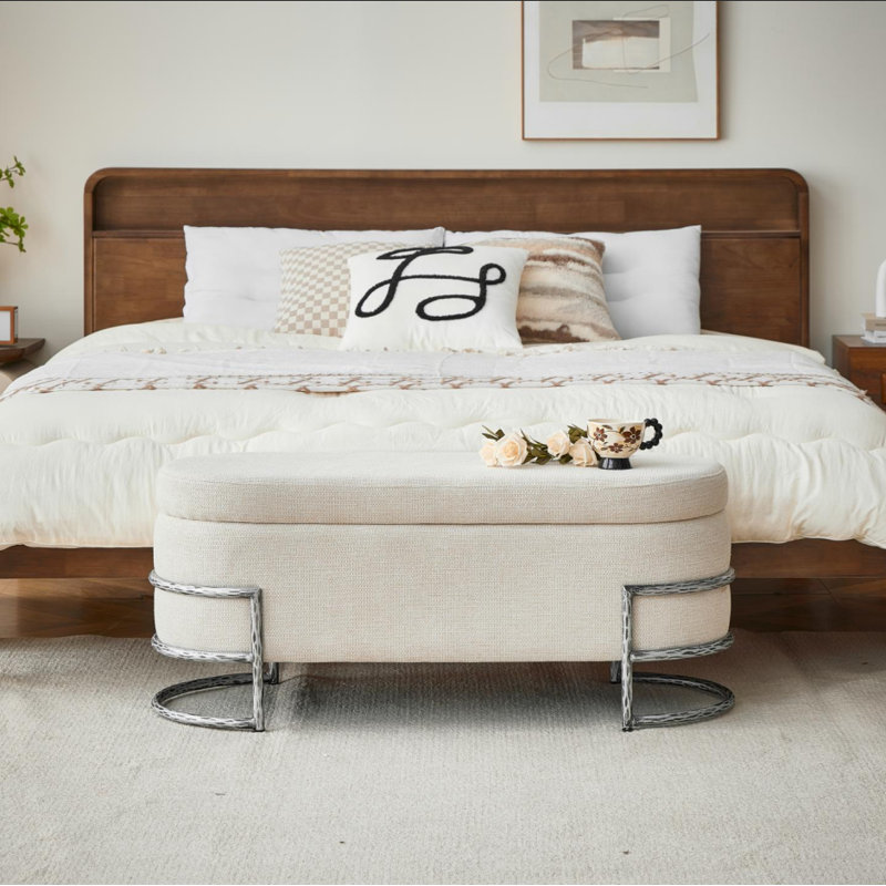 Bancs de rangement rembourrés modernes avec cadres en métal forgé, Beige / gris