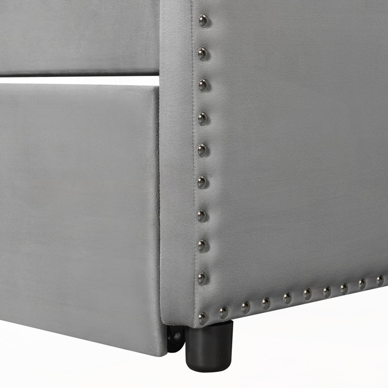 Velvet Upholstered Daybed With Pop Up Trundle, Gray