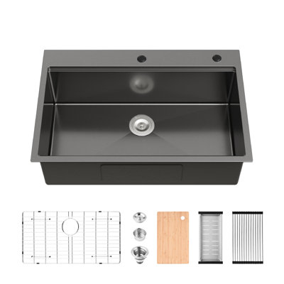Évier de cuisine noir 33 po x 22 po - Poste de travail fait à la main avec système de drainage supérieur en acier inoxydable 33 po x 22 po