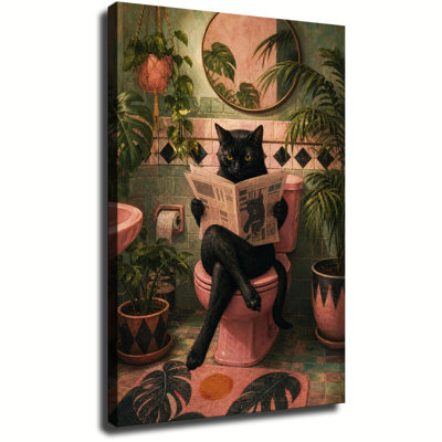 Black Cat Sitting On Pink Toilet Reading Newspaper, Vintage Botanical Bathroom Art, Canvas Wall Art