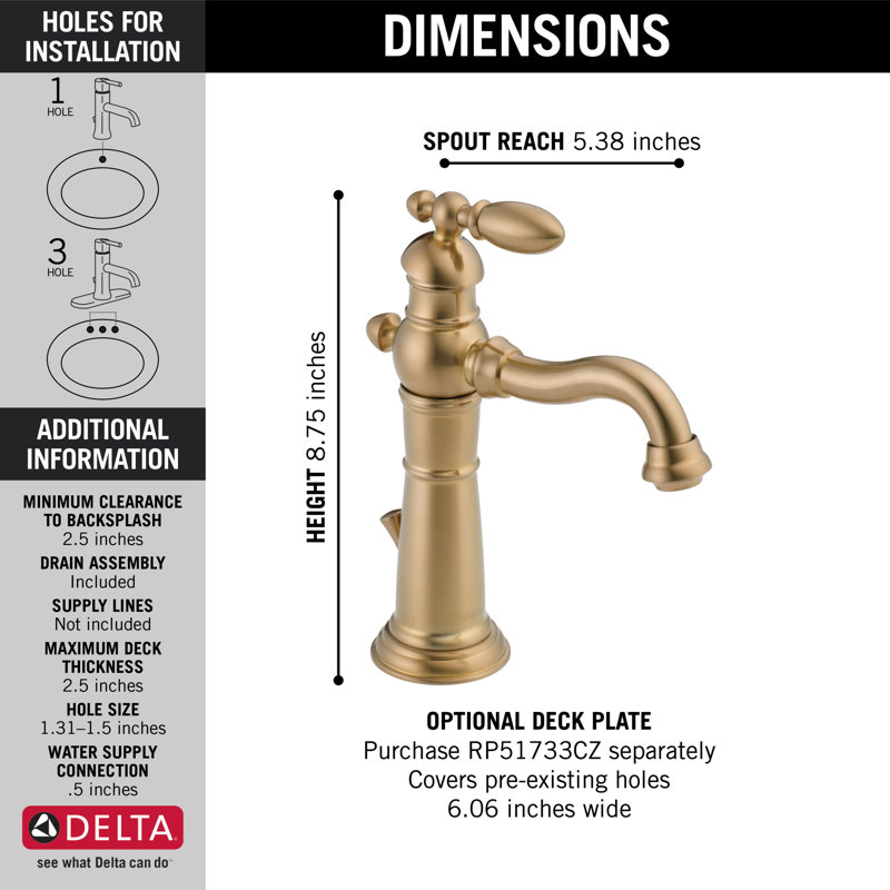 Robinet de salle de bain victorien à un trou avec drain, Champagne champagne