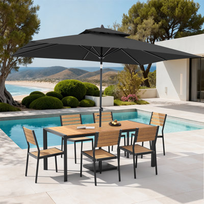 Ensemble repas pour 6 personnes en aluminium avec chaises empilables, parasol de patio et base lestée