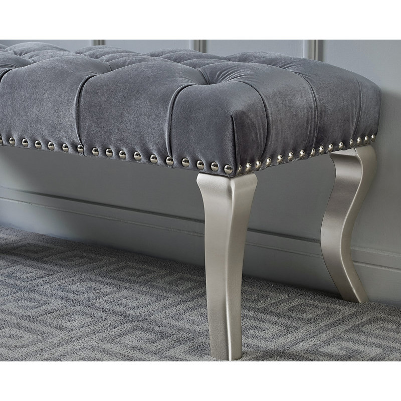 Tufted Fabric Upholstered Bench Nailhead Trim , Gray, Gray