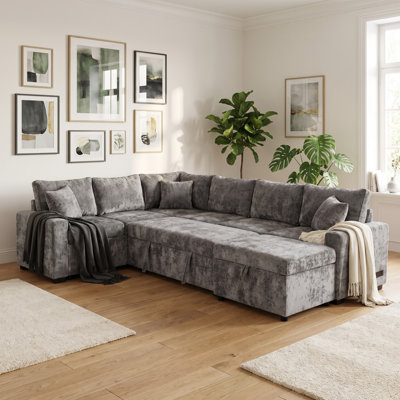112.2" L-Shape Pull Out Sleeper Sectional with Storage Ottoman, 3 Pillows & 2 USB/2 Power Outlets for Living Room
