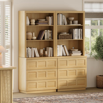 Boho Integrated Bookcase, Rustic Wood Grain Freestanding Book Shelf With Open Display Shelves & Rebound Handle-Free Drawers, Thickened Engineered Wood Anti-Wobble Storage Hutch, Multipurpose Bookcase For Living Room, Bedroom, Home Office