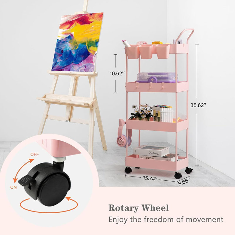 Chariot de rangement mince sur roulettes avec roulettes, organisateur à 4 niveaux avec séparateurs, tasses et crochets suspendus, chariot de salle de bain peu encombrant, assemblage facile