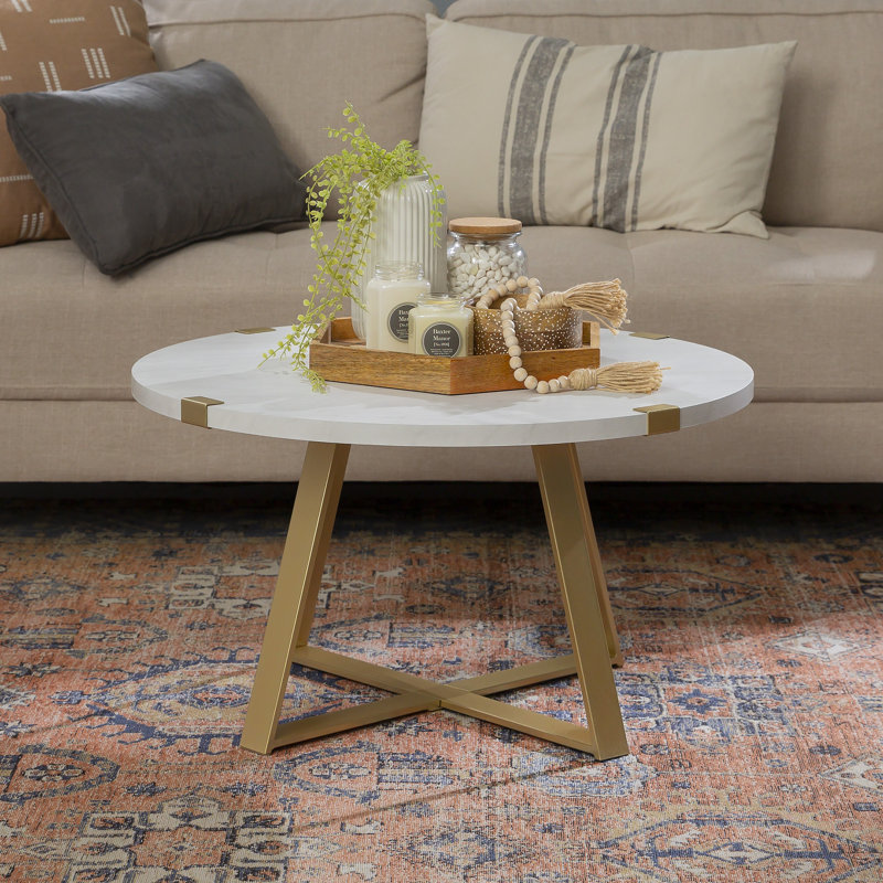 Paramus Cross Legs Round Coffee Table, White Marble, Gold
