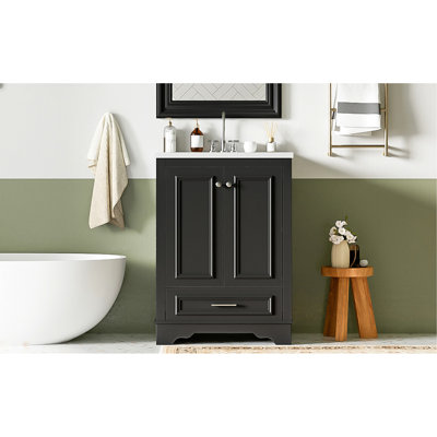 Meuble-lavabo de salle de bain en céramique 24 po - aspect moderne, armoire, tiroirs spacieux, poignées argentées avec solutions de rangement pratiques, poignée et surface lisse