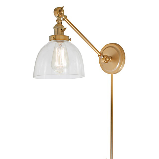 Martucci Plug-in Swing Arm Sconce, Rubbed Brass, Transparent Glass